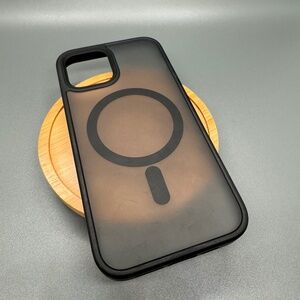 Magsafe phone case for iPhone 12pro. Matte black, semi-transparent, metal button